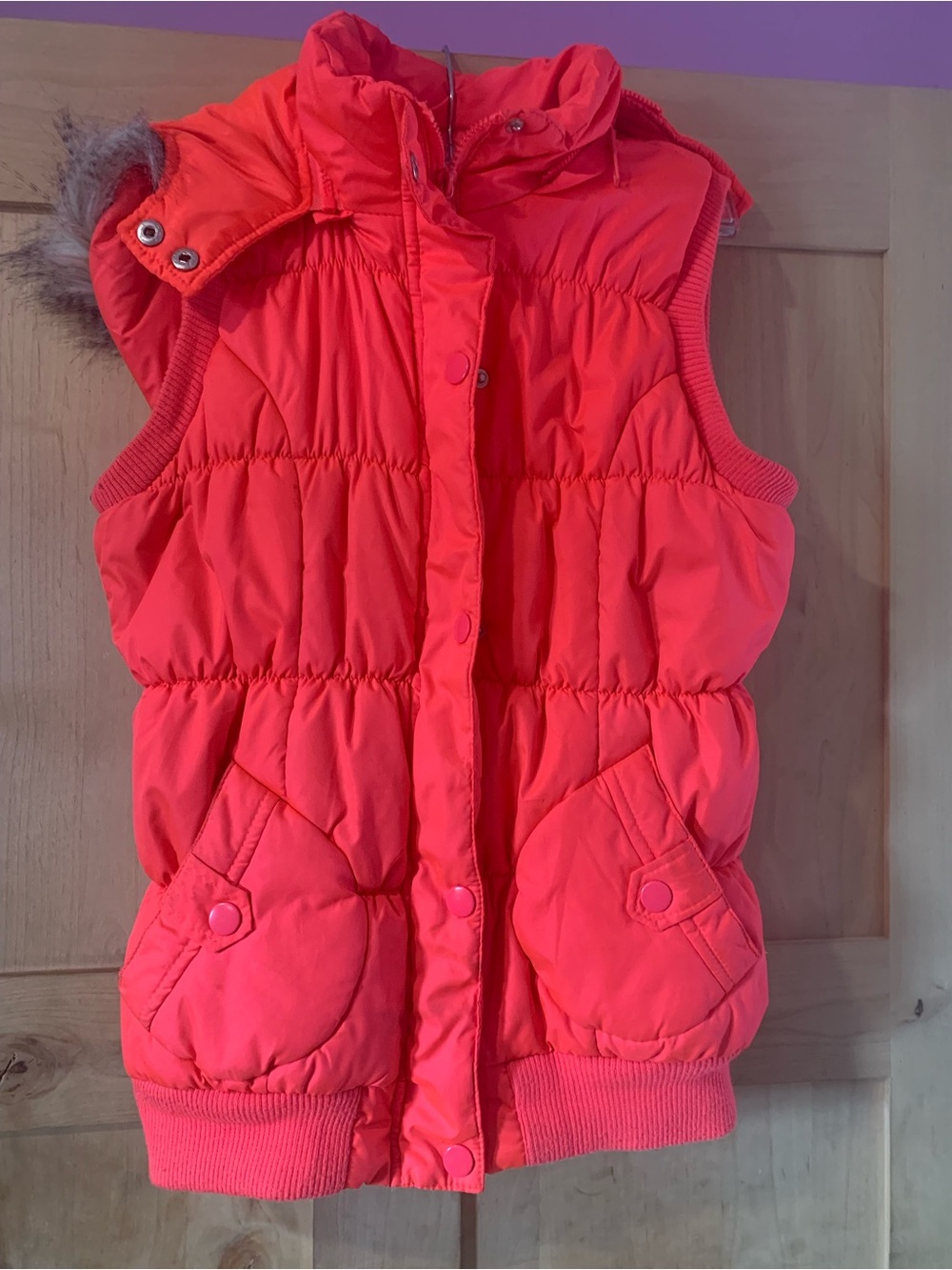 Women’s Vanity Bright Coral Puffer Vest with Removable Faux Fur-Lined Hood